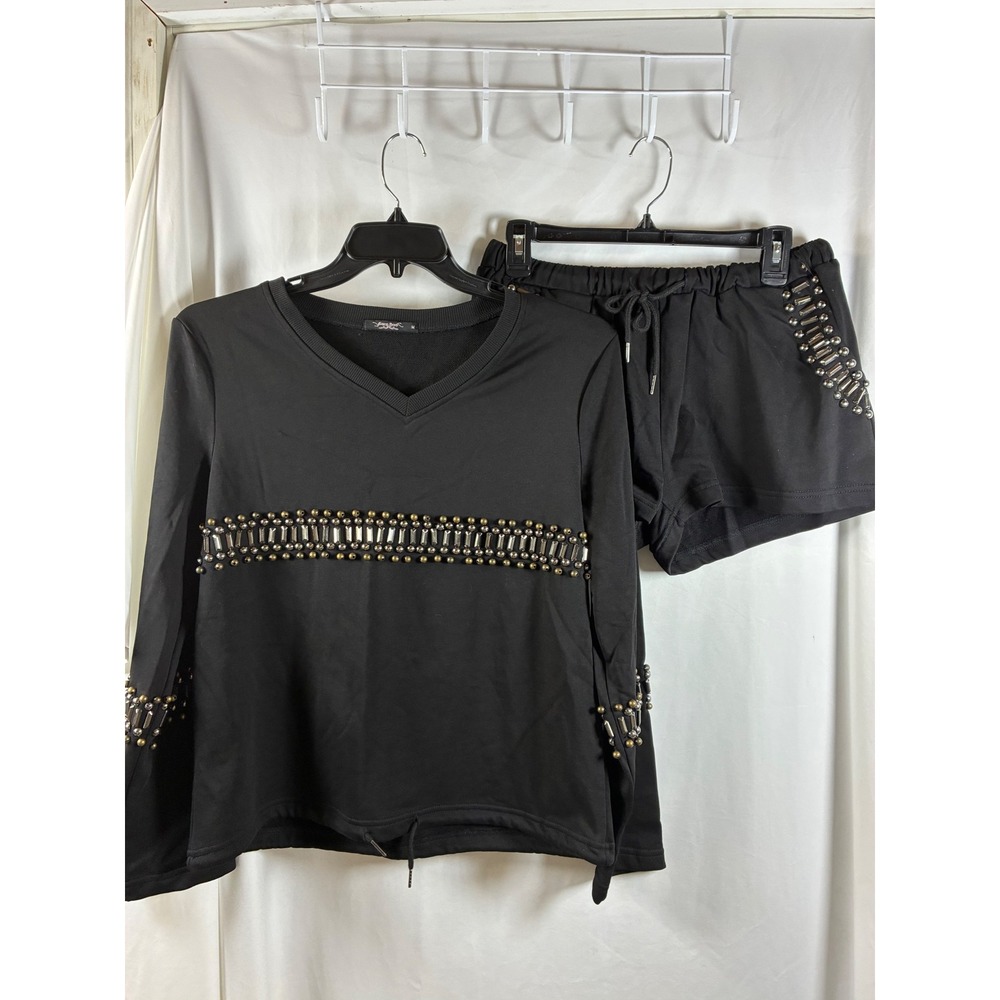 Sara‎ Boo Womens Black Studded 2 Piece Sweatshirt and Shorts Lounge Set Size M